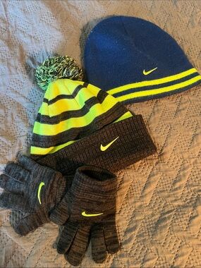 Nike Kids Neon Yellow, Navy & Charcoal Beanie and Glove Set